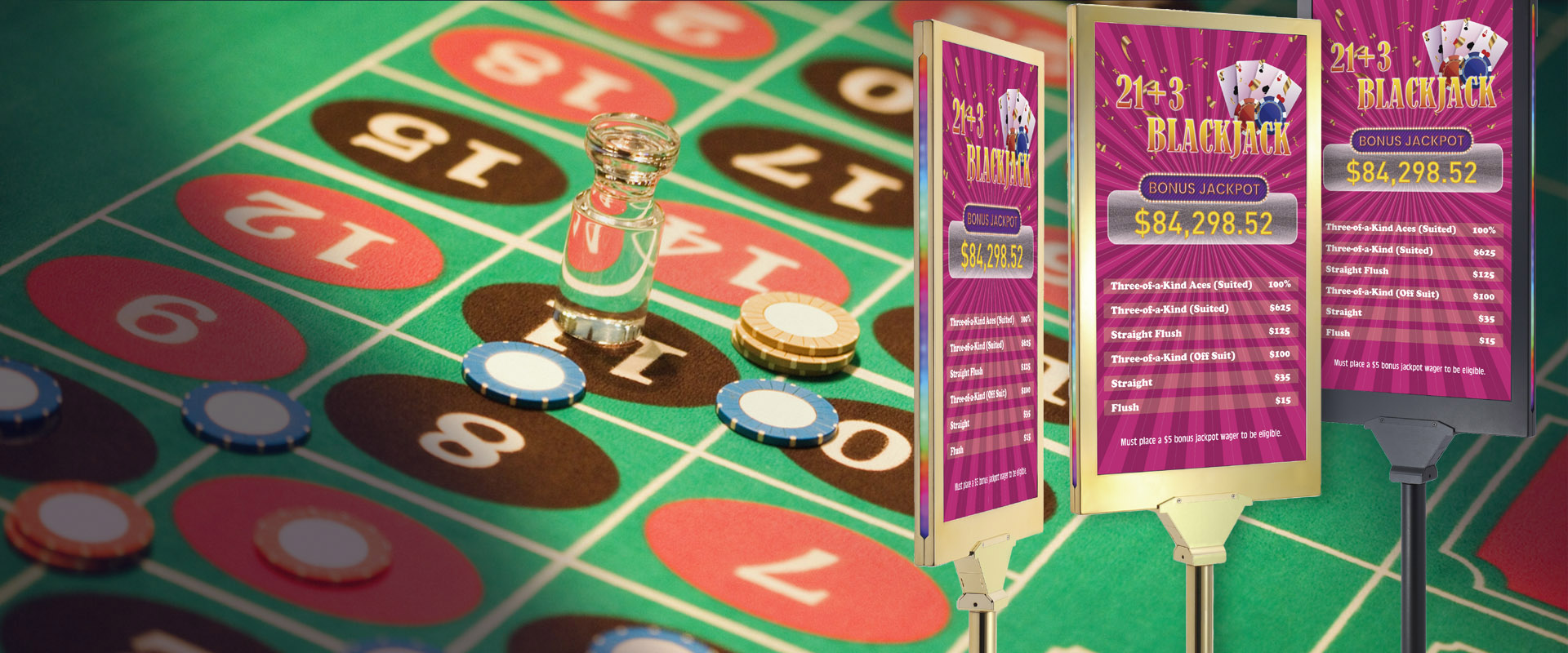 Double-sided digital signage monitors for casino table games